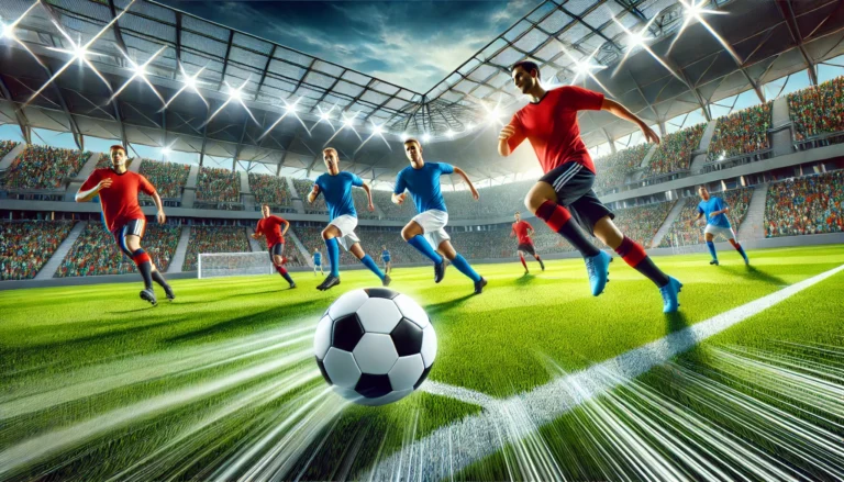 DALL·E 2025-01-13 12.21.17 - An exciting soccer match in a modern stadium during the day, with players in motion, a soccer ball in mid-air, and a cheering crowd in the background