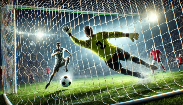 DALL·E 2025-01-13 12.21.34 - A dynamic soccer scene featuring two goalkeepers in action, one diving to block a penalty kick while the ball is in mid-air. The netting of the goal i
